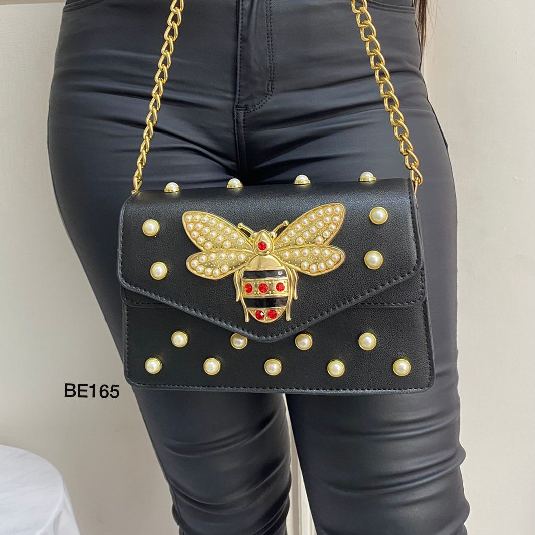 Bolso negro apliques dorados perlas 22cm* 14cm BAG11 C-B